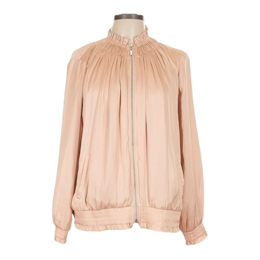 Chico’s Satin Bomber Jacket XL 3 Blush Pink Peach Lightweight Zip Front Gathered